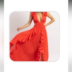 Red Ruffled Deep-V Maxi Dress